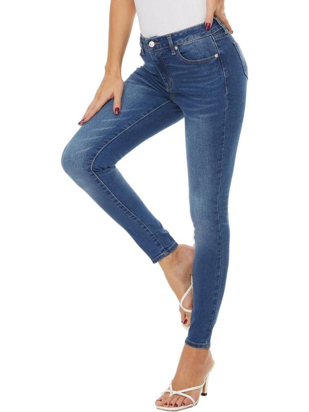 Mid Rise Skinny Jeans for Women, Stretch Denim Slim Fit Pants with Pockets